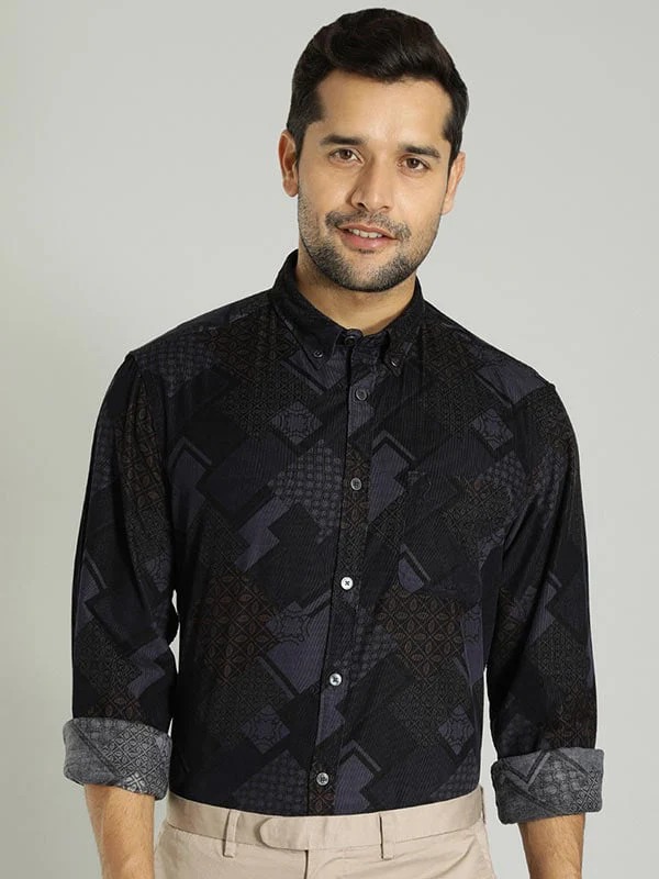 Indian Terrain Men's Slim Fit Full Sleeve All Over Print Navy Shirt